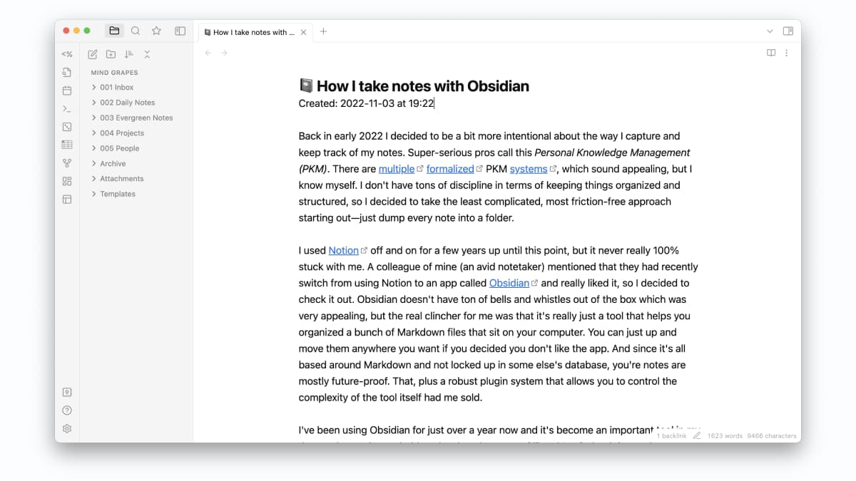 A note open in the Obsidian interface with the title "How I take notes with Obsidian"