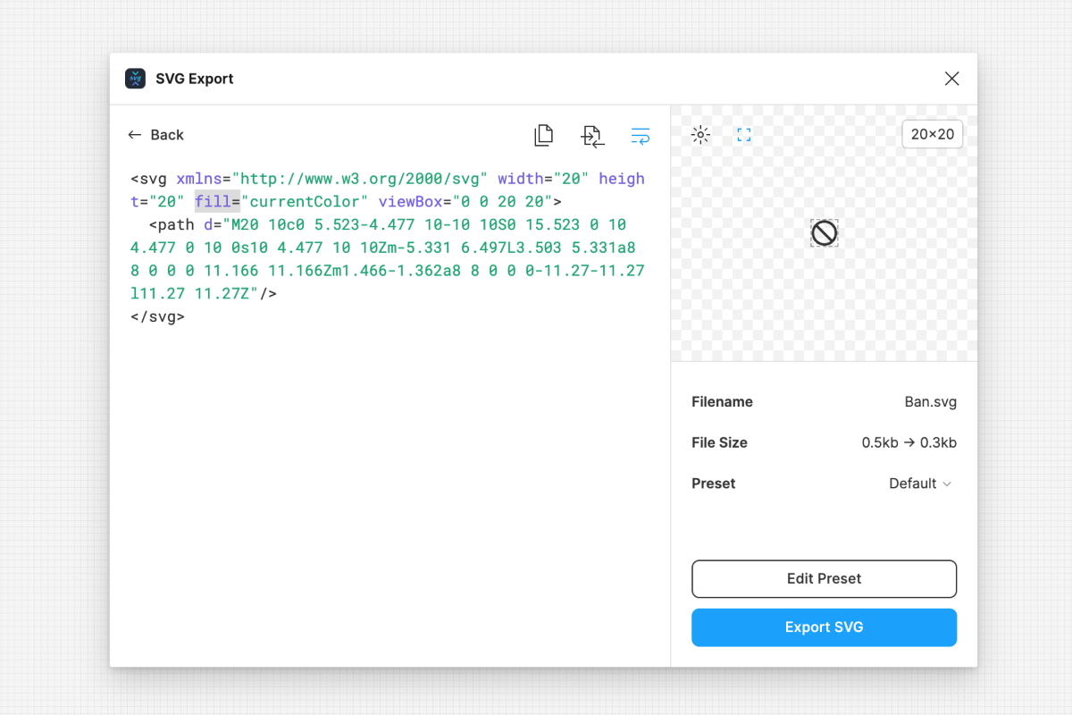 The svg export plugin dialog showing the exported markup and a preview of the icon