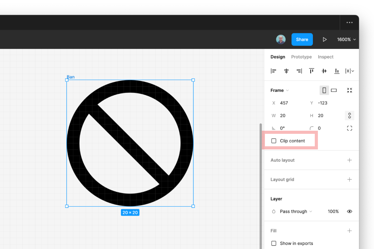 Screenshot of Figma interface showing the controls for the "Clip contents" option