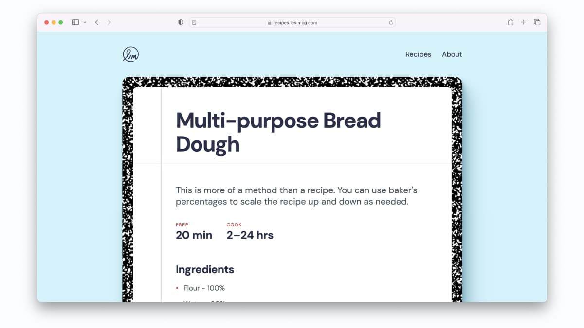 A single recipe page for bread dough. The main part of the page looks like a Mead composition notebook.